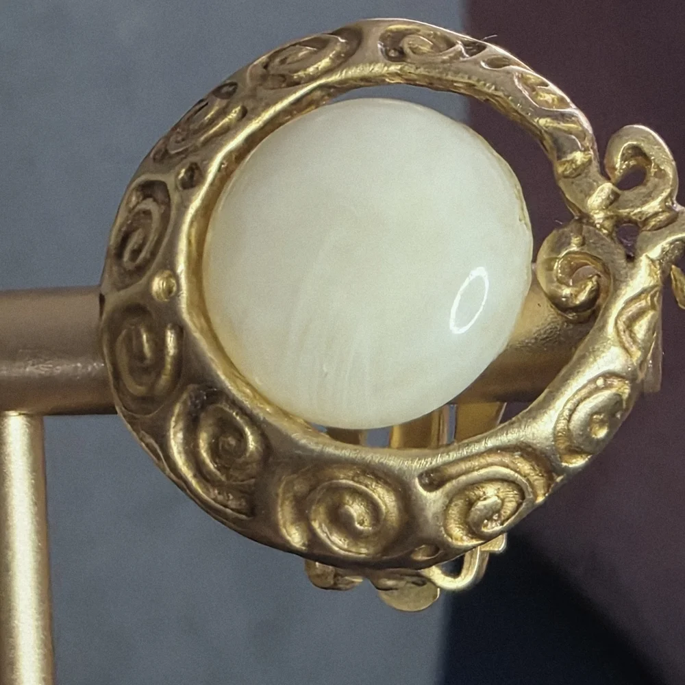 Vintage Givenchy Clip-On Earrings Gold Tone White Cabochon 770 - Picture 9 of 11